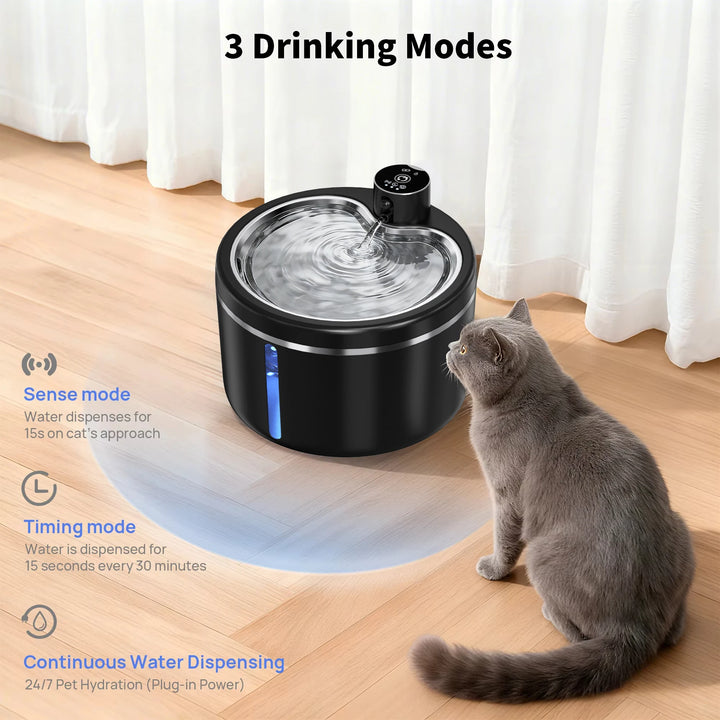 Fontaine pour animaux noire avec 3 modes de boisson, parfaite pour l'hydratation des chats, fonctionnement silencieux.
