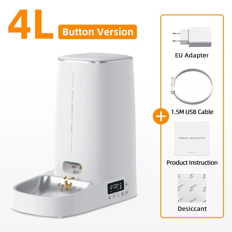 Distributeur automatique de nourriture pour animaux, 4L, blanc, avec adaptateur EU et câble USB 1,5 m.
