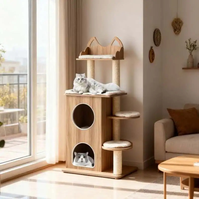 Arbre à chat 122 cm en bois naturel avec niche et coussin amovible