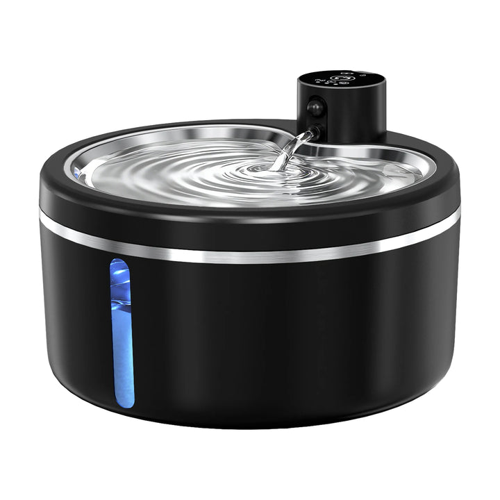 Fontaine d'eau pour animaux noire avec éclairage LED et design moderne en acier inoxydable.