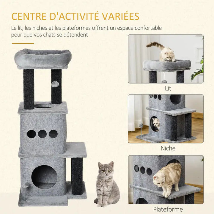 Arbre à chat 100 cm gris avec niches et plateformes