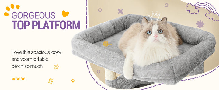 Arbre à chat 210 cm gris clair avec niches, hamac et griffoirs sisal