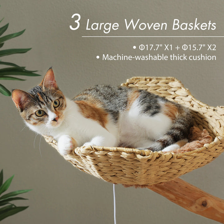 Arbre à chat 150 cm en bois massif avec panier tressé et plateformes fleur