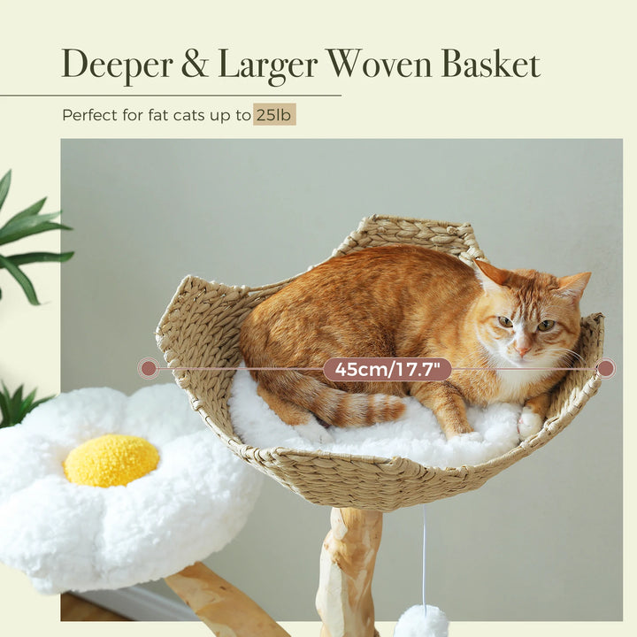 Arbre à chat 150 cm en bois massif avec panier tressé et plateformes fleur
