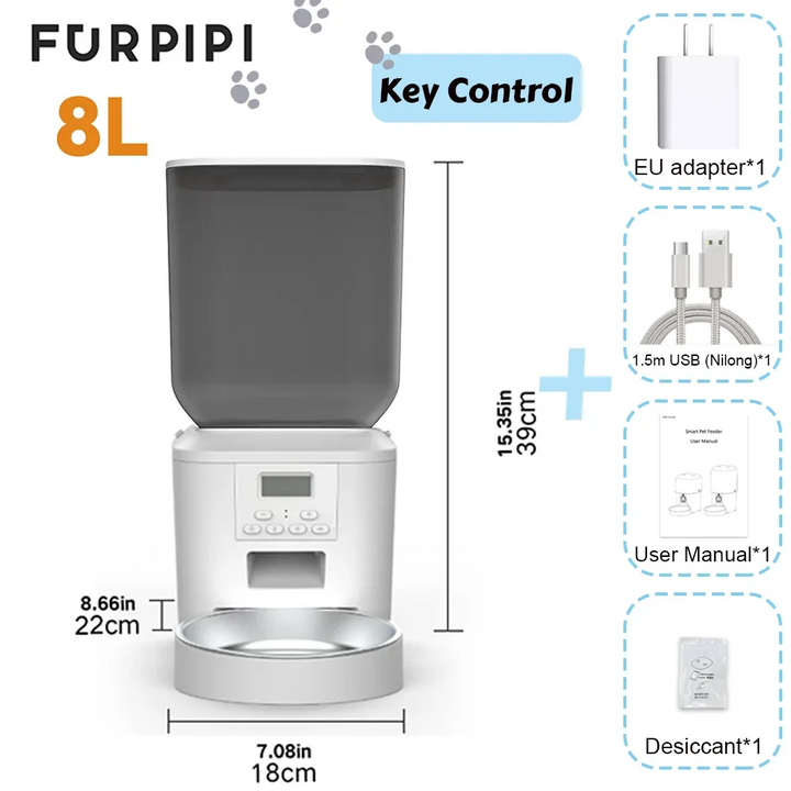 Distributeur automatique de nourriture pour animaux Furpipi 8L, en plastique, avec contrôle clé, gris.