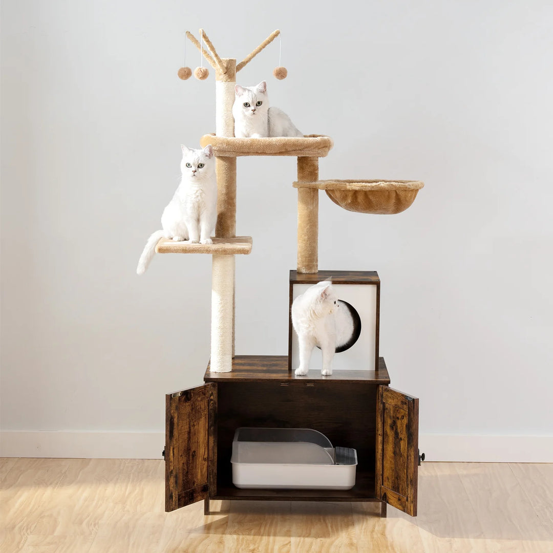 Rustic Wooden Cat Tree with Litter Box - "HideawayPaws Pro" Model