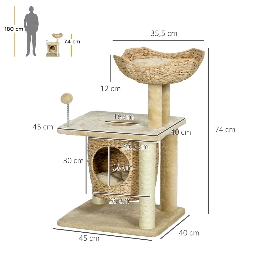 Arbre à chat 74 cm beige avec niche et panier tressé