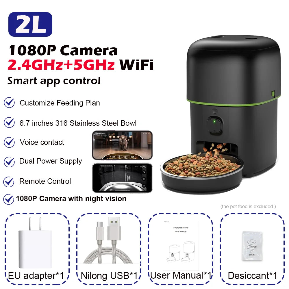 Distributeur automatique d'aliments pour animaux, 2L, caméra 1080P, WiFi, bol en acier inoxydable de 6,7 po.