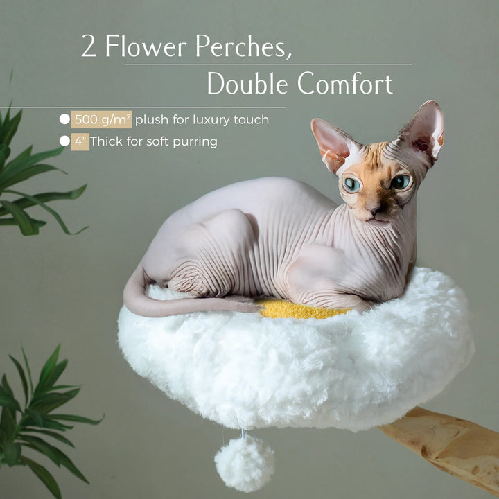 Arbre à chat 150 cm en bois massif avec panier tressé et plateformes fleur