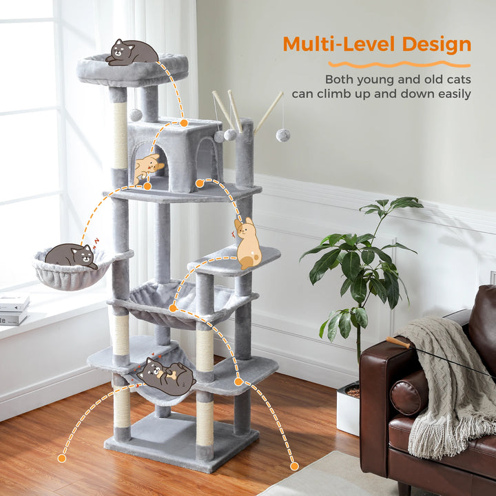 Multi-level Maine Coon cat tree with scratching posts and hammock - Model: "FelineKingdom"