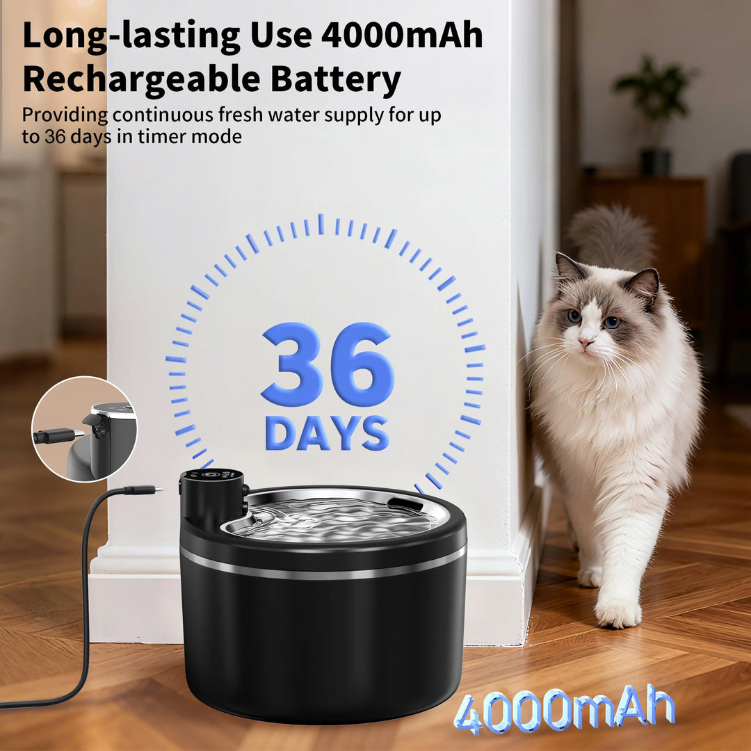  Fontaine d'eau pour animaux, noire, batterie rechargeable 4000mAh, autonomie jusqu'à 36 jours.
