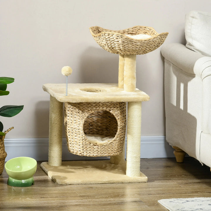Arbre à chat 74 cm beige avec niche et panier tressé