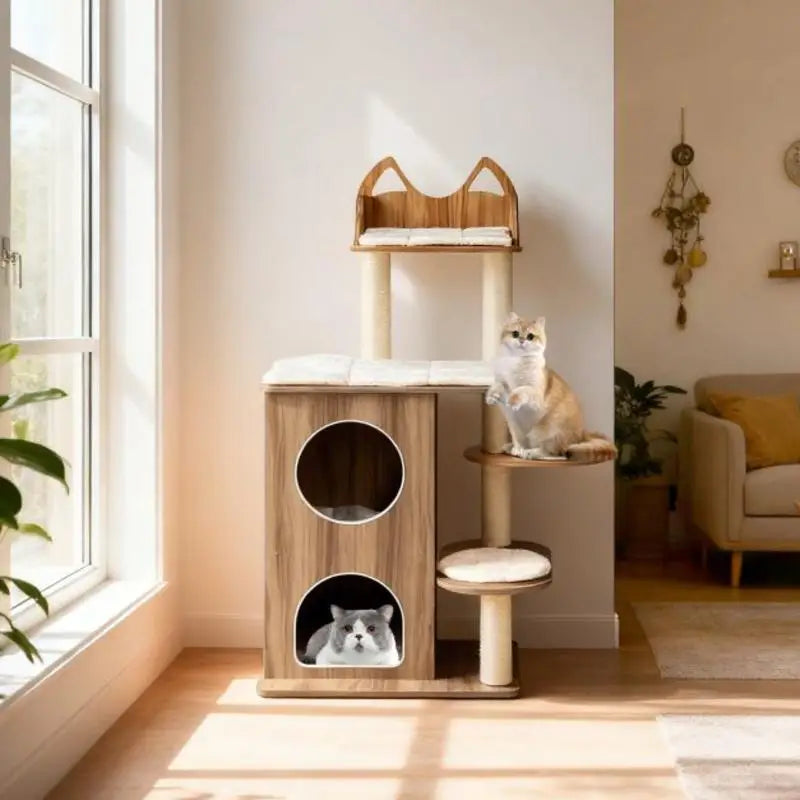 Arbre à chat 122 cm en bois naturel avec niche et coussin amovible
