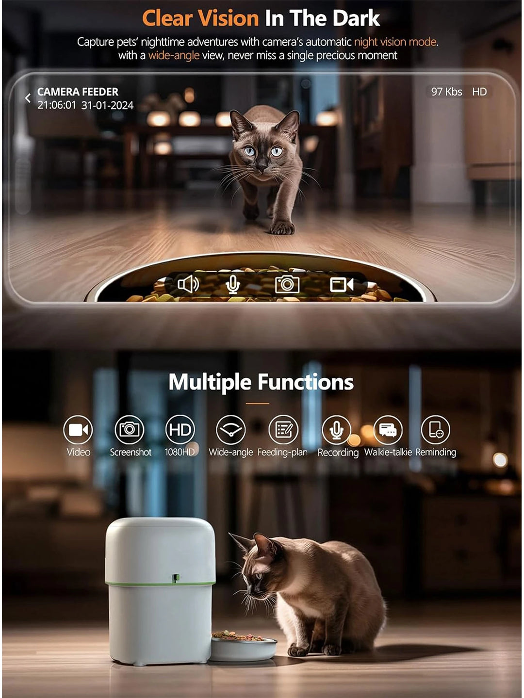 Distributeur automatique de nourriture pour chat, caméra HD, vision nocturne, design moderne, couleur blanche.