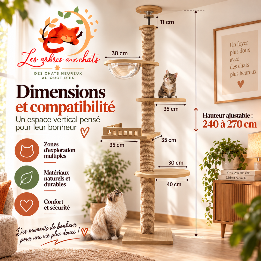 Arbre a chat XXL en bois naturel du sol au plafond avec hamac, Adapté gros chats, Maine Coon - Modèle : "SkyCat"