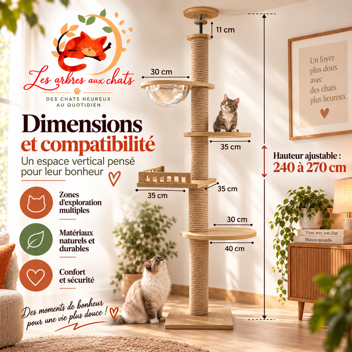 Arbre a chat XXL en bois naturel du sol au plafond avec hamac, Adapté gros chats, Maine Coon - Modèle : "SkyCat"