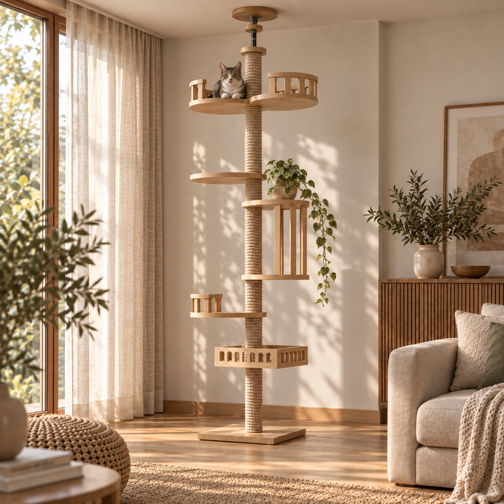 Arbre a chat XXL en bois naturel du sol au plafond avec hamac, Adapté gros chats, Maine Coon - Modèle : "SkyCat"