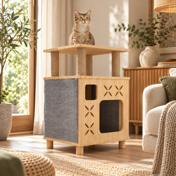 Arbre a chat design en bois - Meuble avec griffoir - Litière intégrée - Fermé