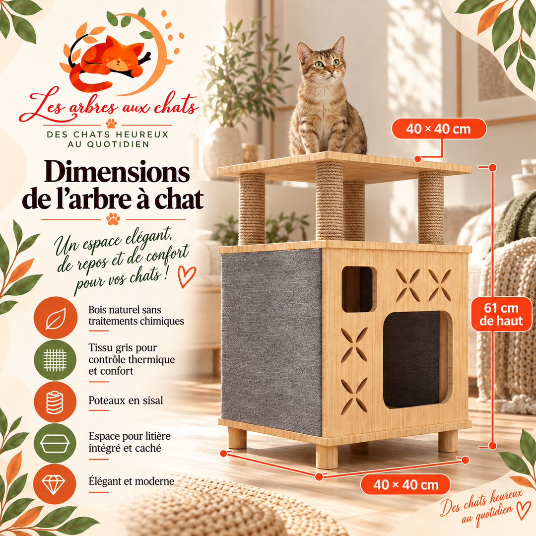 Arbre a chat design en bois - Meuble avec griffoir - Litière intégrée - Fermé