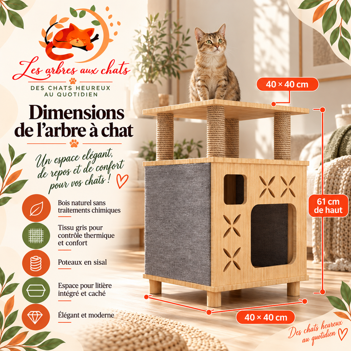 Arbre a chat design en bois - Meuble avec griffoir - Litière intégrée - Fermé