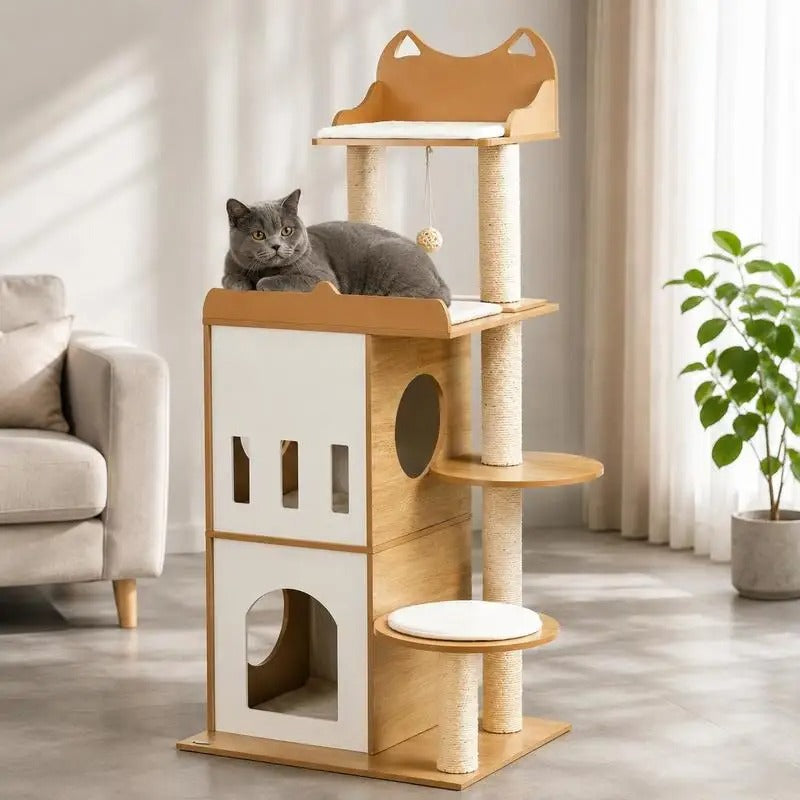 Designer wooden cat tree - CozyCondos model