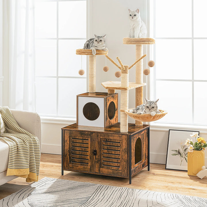 Designer Wooden Cat Tree with Litter Box - LuxeNest Model 