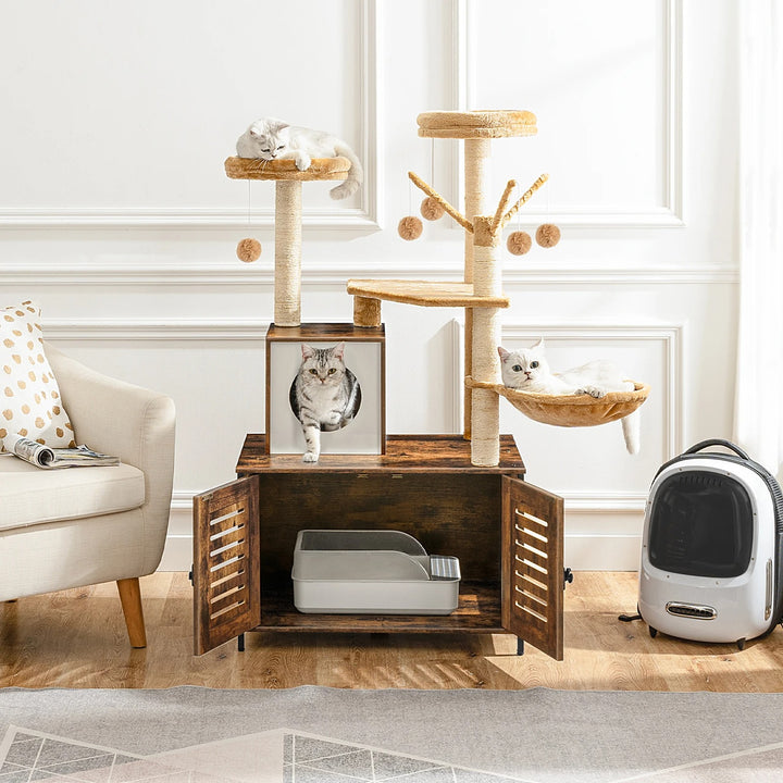 Designer Wooden Cat Tree with Litter Box - LuxeNest Model 