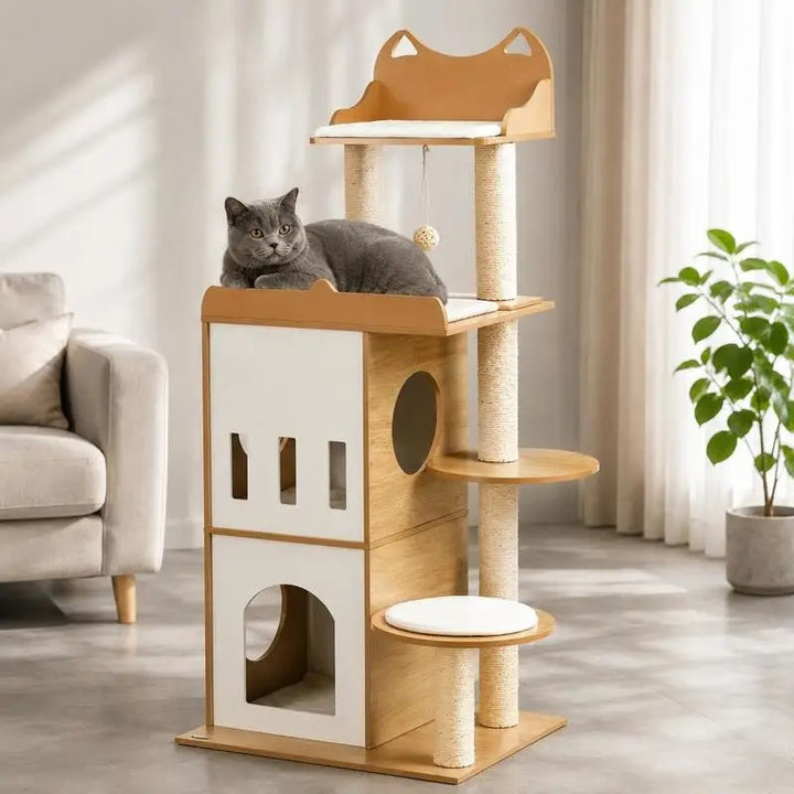 Designer wooden cat tree - CozyCondos model