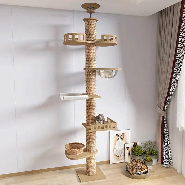 XXL natural wood cat tree from floor to ceiling with hammock, Suitable for large cats, Maine Coon - Model: "SkyCat"