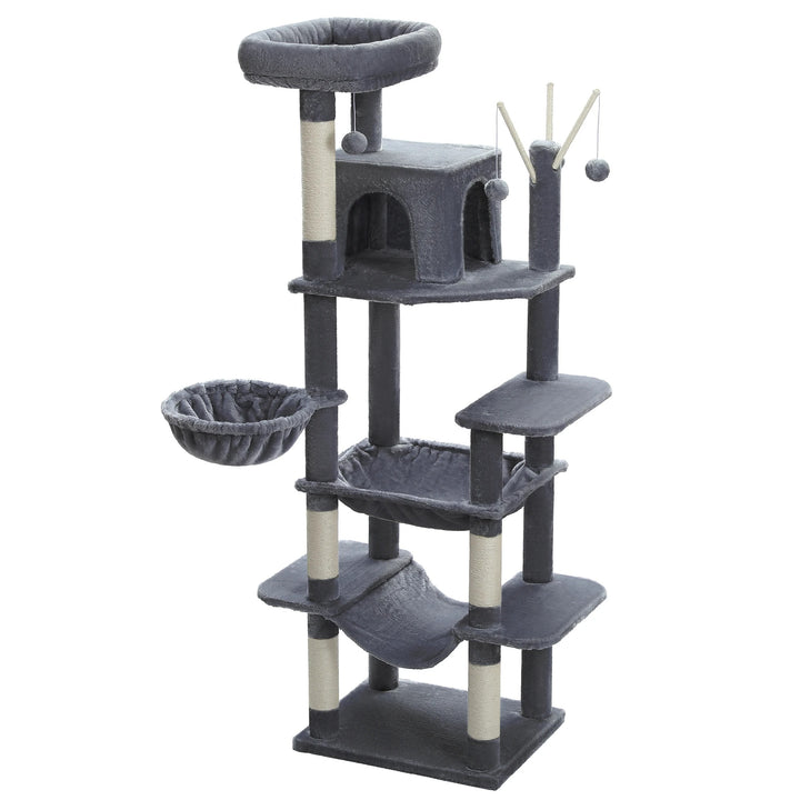 Multi-level Maine Coon cat tree with scratching posts and hammock - Model: "FelineKingdom"