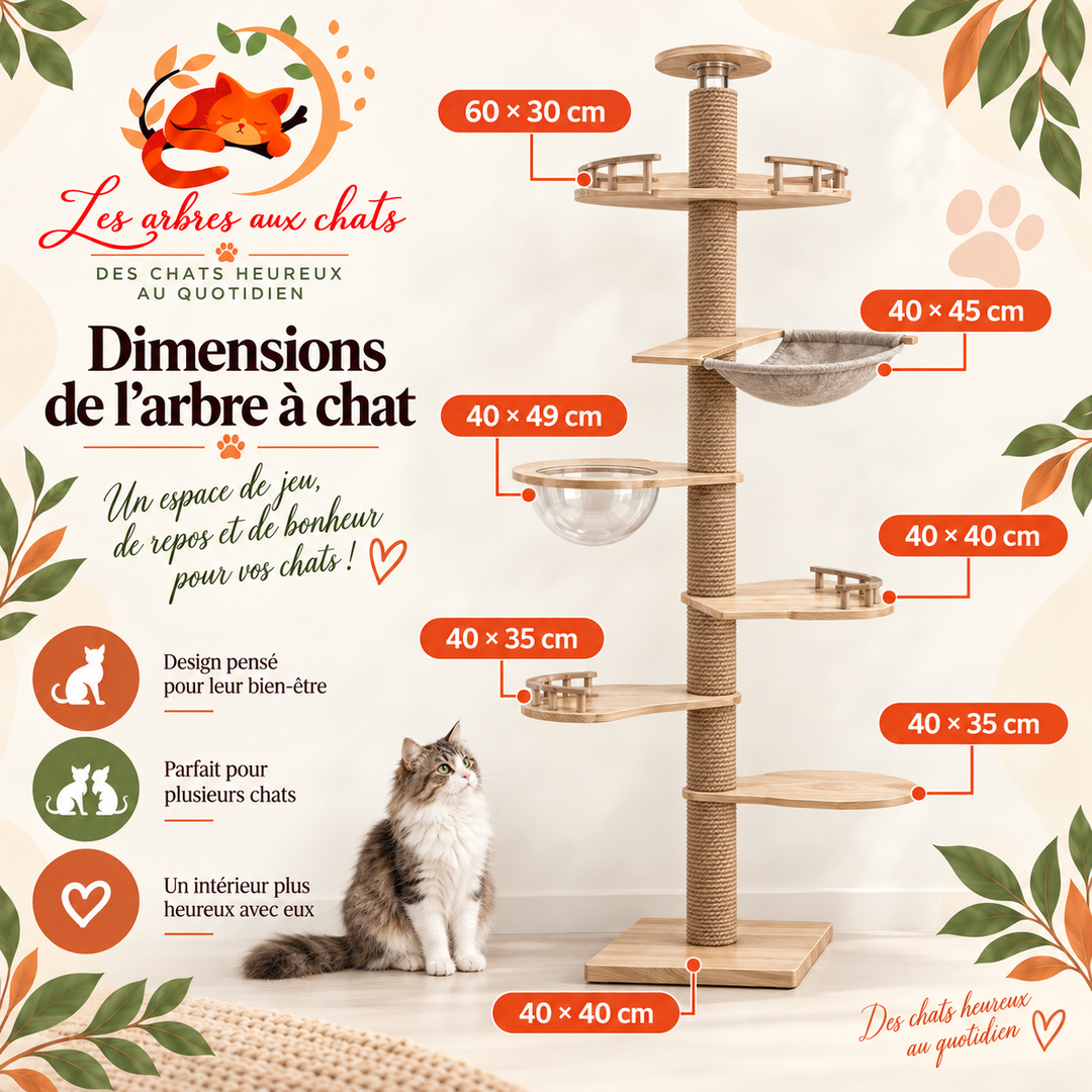 Arbre a chat XXL en bois naturel du sol au plafond avec hamac, Adapté gros chats, Maine Coon - Modèle : "SkyCat"