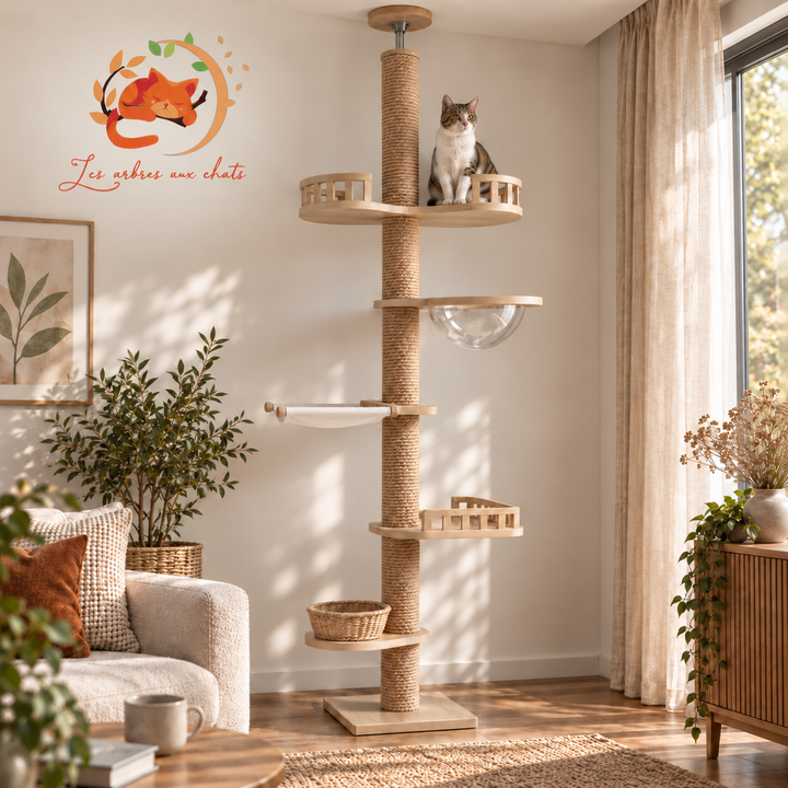 Arbre a chat XXL en bois naturel du sol au plafond avec hamac, Adapté gros chats, Maine Coon - Modèle : "SkyCat"
