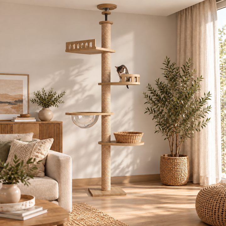 Arbre a chat XXL en bois naturel du sol au plafond avec hamac, Adapté gros chats, Maine Coon - Modèle : "SkyCat"