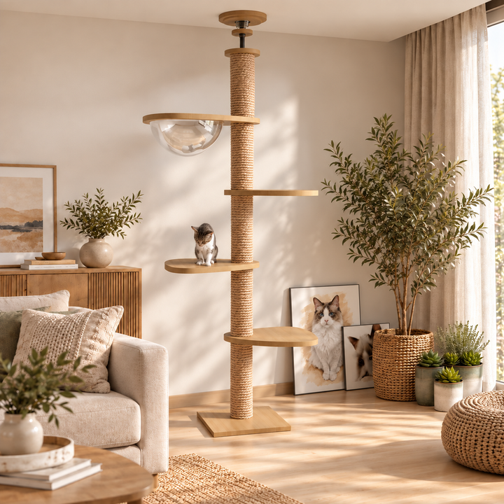 Arbre a chat XXL en bois naturel du sol au plafond avec hamac, Adapté gros chats, Maine Coon - Modèle : "SkyCat"