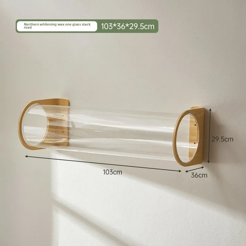 Wooden wall-mounted cat tree with transparent tube - MerveillesMurales